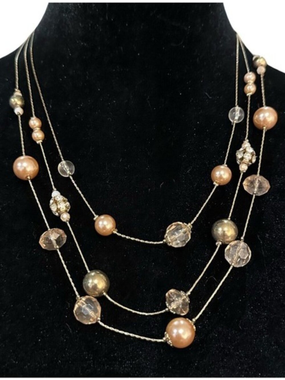 Triple Strand Layered Faux Pearl & Beaded Necklace With Gold Tone Chain